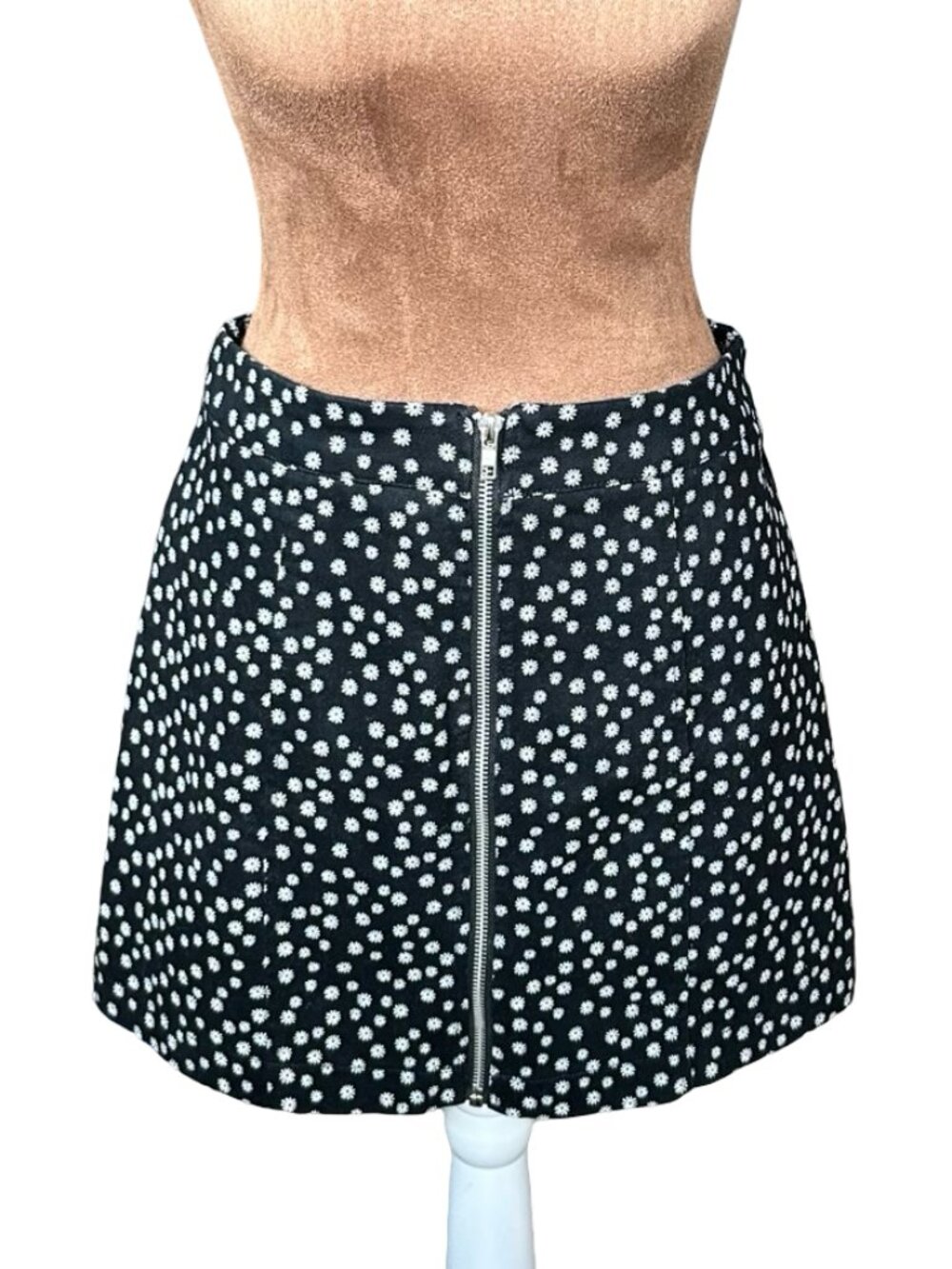 Forever 21 Black White Daisy Floral Zip Front Mini Skirt W's L Y2K 90s Grunge